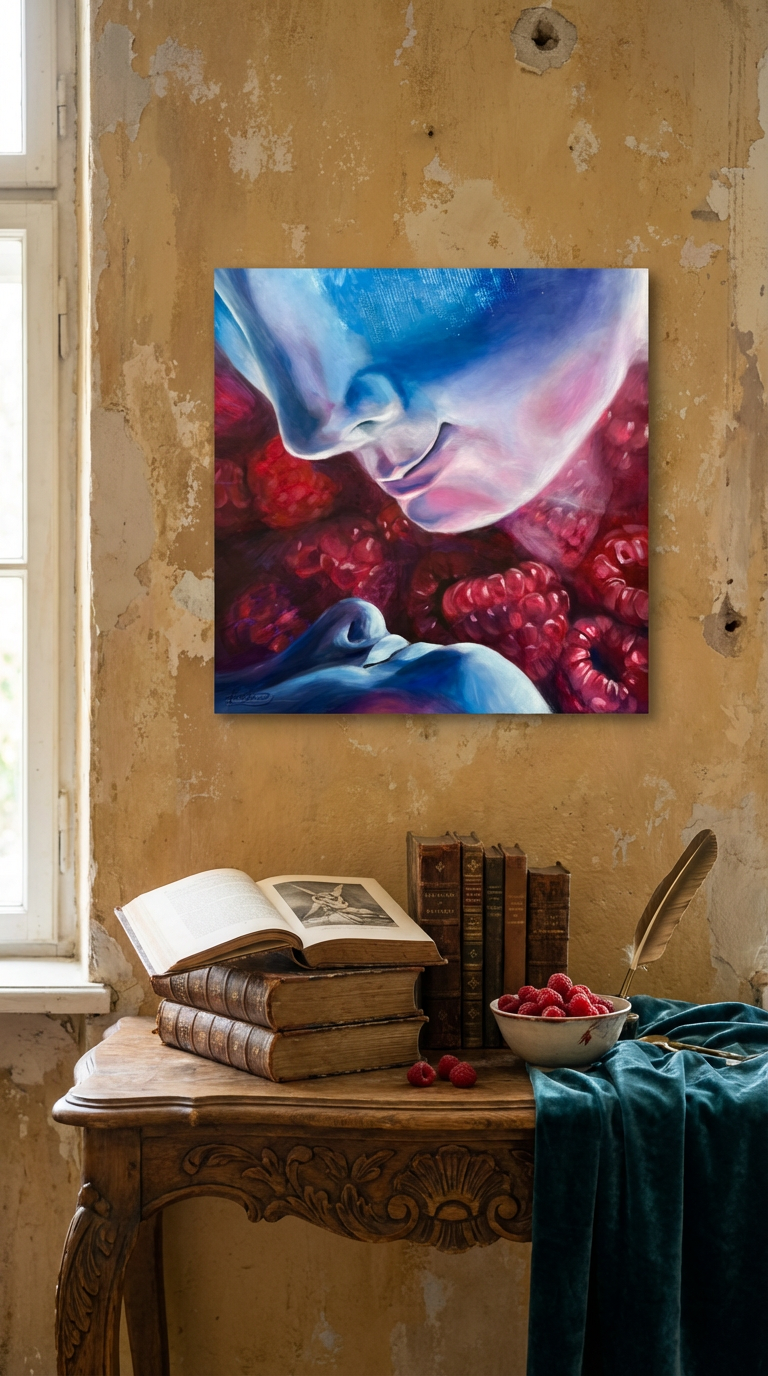 Artistic depiction of a face with red berries on a textured wall above a wooden table with books and a bowl - Amor and Psyché — original oil painting inspired by Canova’s Cupid and Psyche sculpture by Zuzana Kochankova
