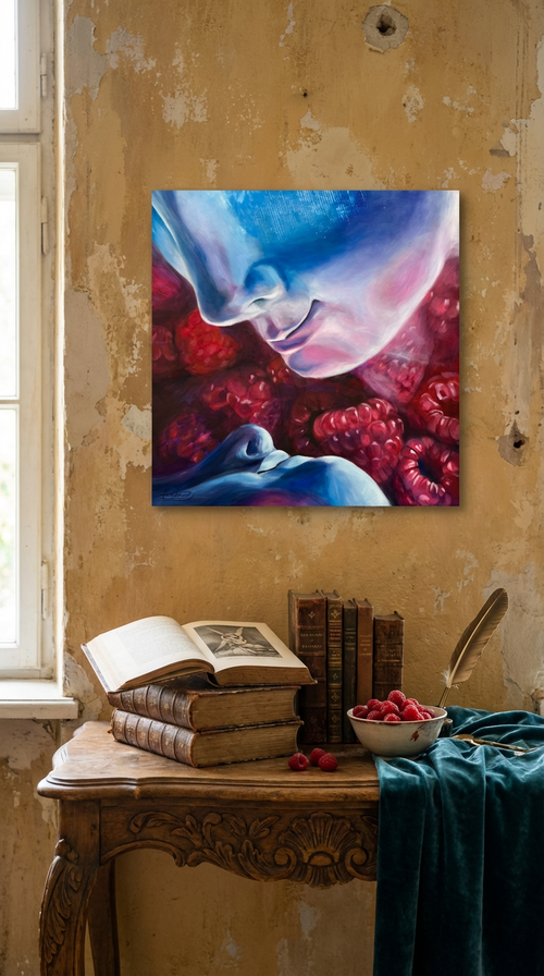 Artistic depiction of a face with red berries on a textured wall above a wooden table with books and a bowl - Amor and Psyché — original oil painting inspired by Canova’s Cupid and Psyche sculpture by Zuzana Kochankova