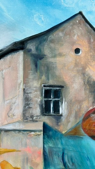 Detaio of painting of a castle building with a window