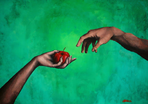 Tempera painting of two hands reaching toward each other, one holding a red apple, inspired by the gesture from the Creation of Adam, set against a green background.