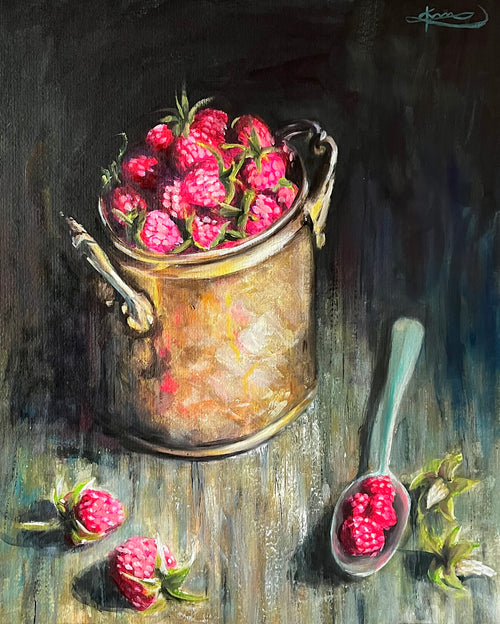 Original painting Bucket of Raspberries by Zuzana Kochanková showing fresh wild raspberries in a metal bucket inspired by summer memories and countryside harvest