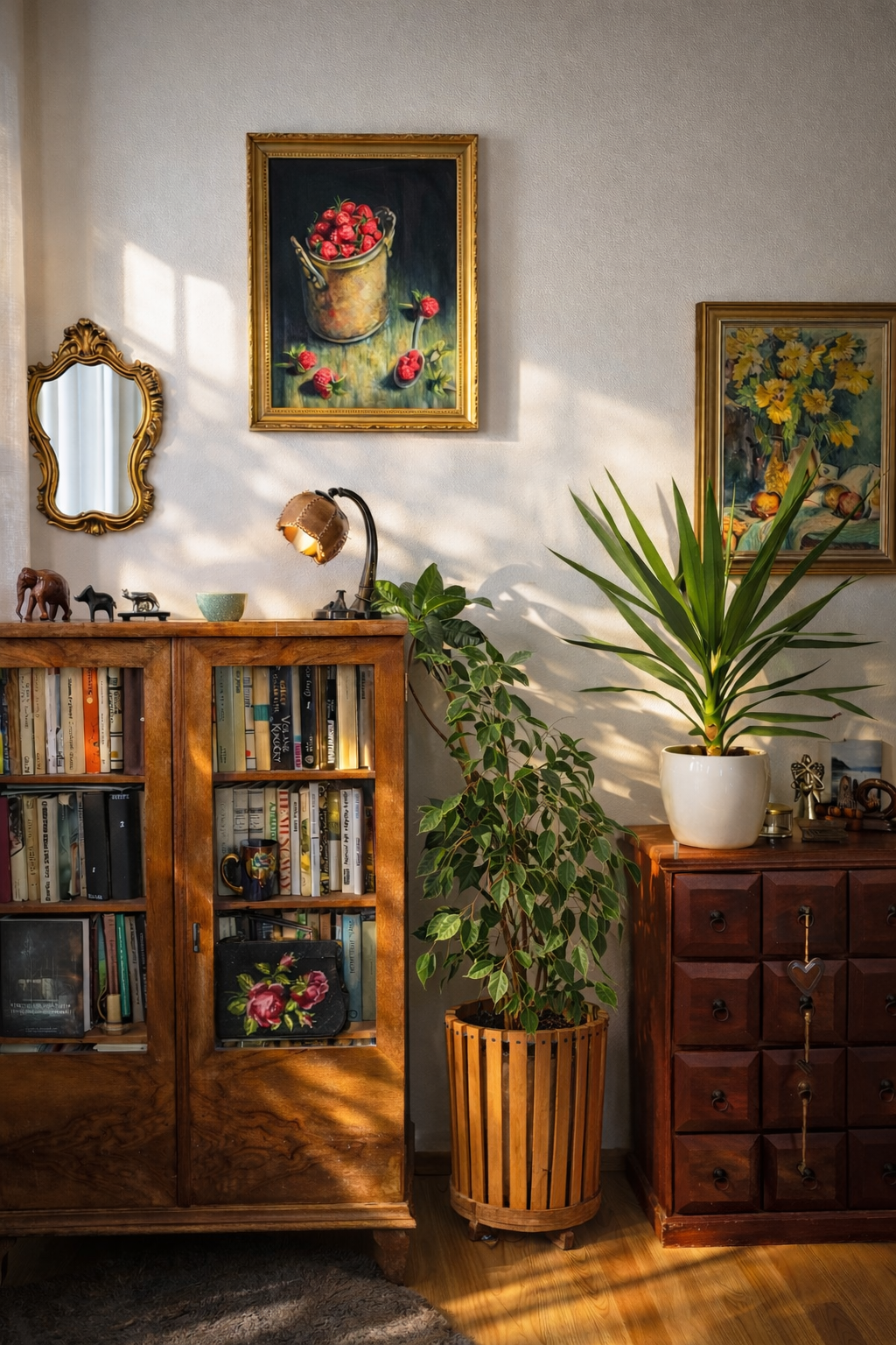 Original painting Bucket of Raspberries by Zuzana Kochanková displayed in collector home interior above wooden bookcase with plants and warm sunlight