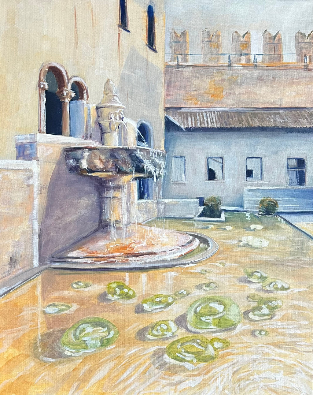 Original painting Castelvecchio, Verona by Zuzana Kochanková depicting Castelvecchio castle and fountain with glass bubbles in Verona, Italy