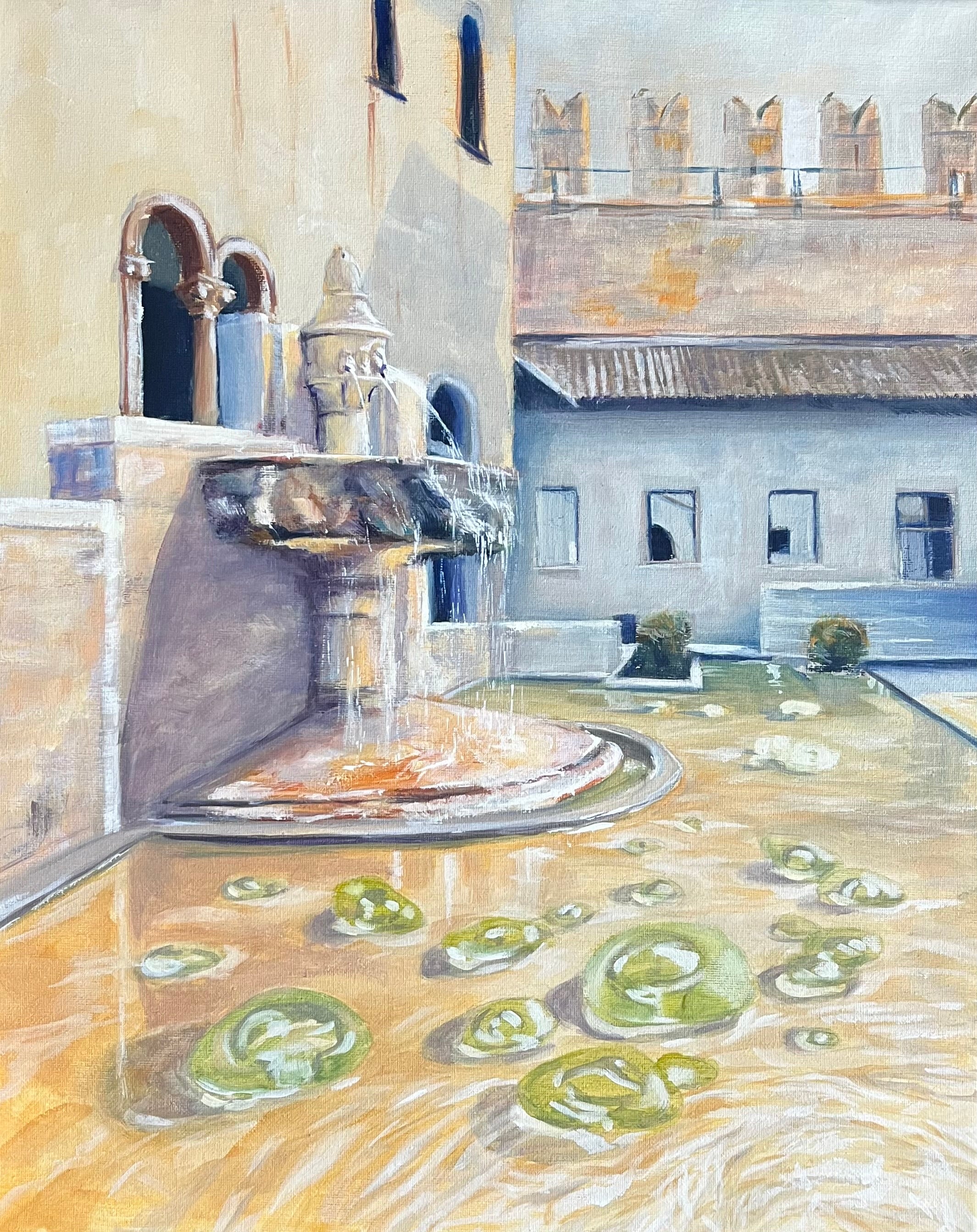 Original painting Castelvecchio, Verona by Zuzana Kochanková depicting Castelvecchio castle and fountain with glass bubbles in Verona, Italy