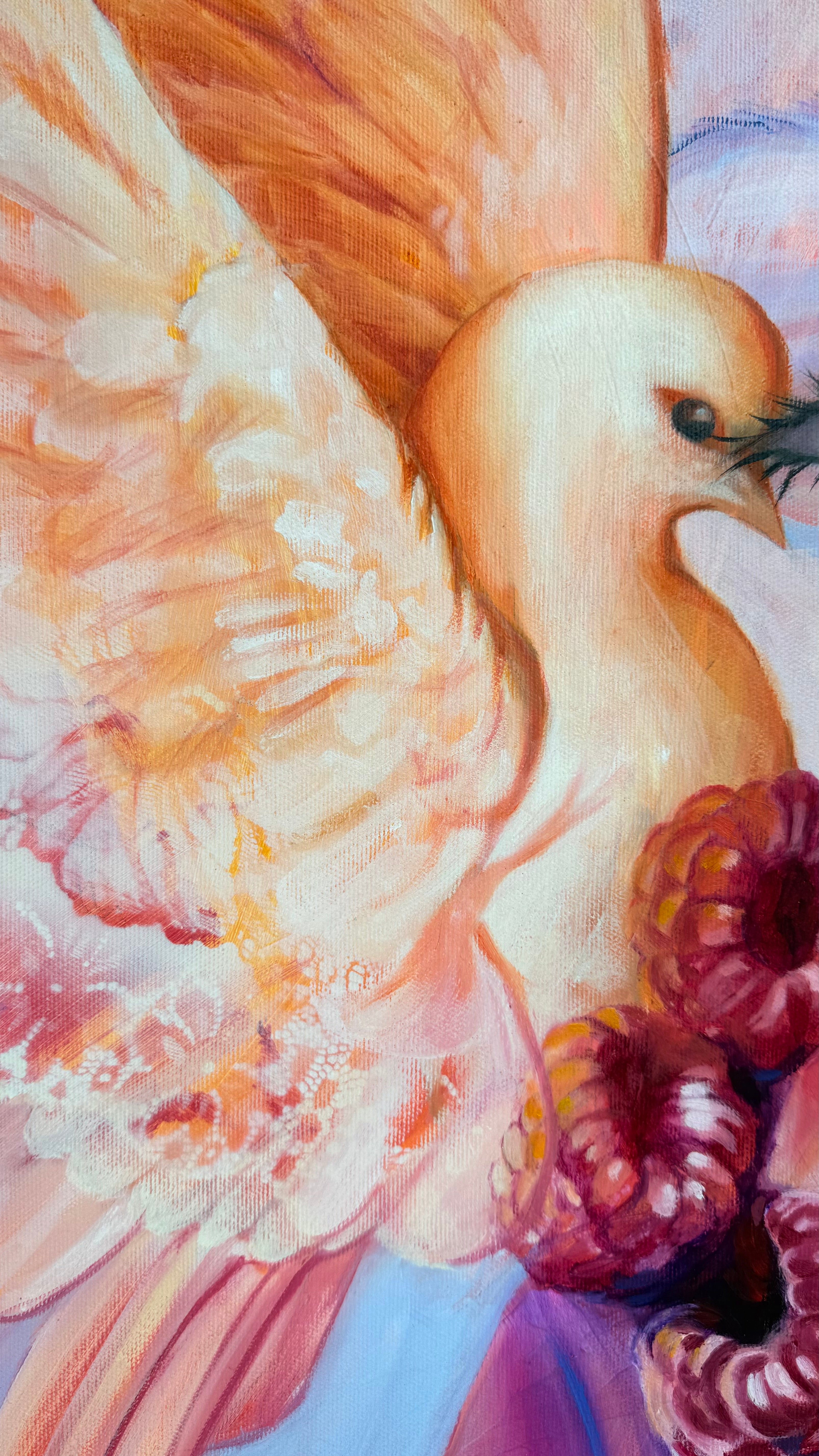 Close-up of a flamingo with pink feathers and a blue background