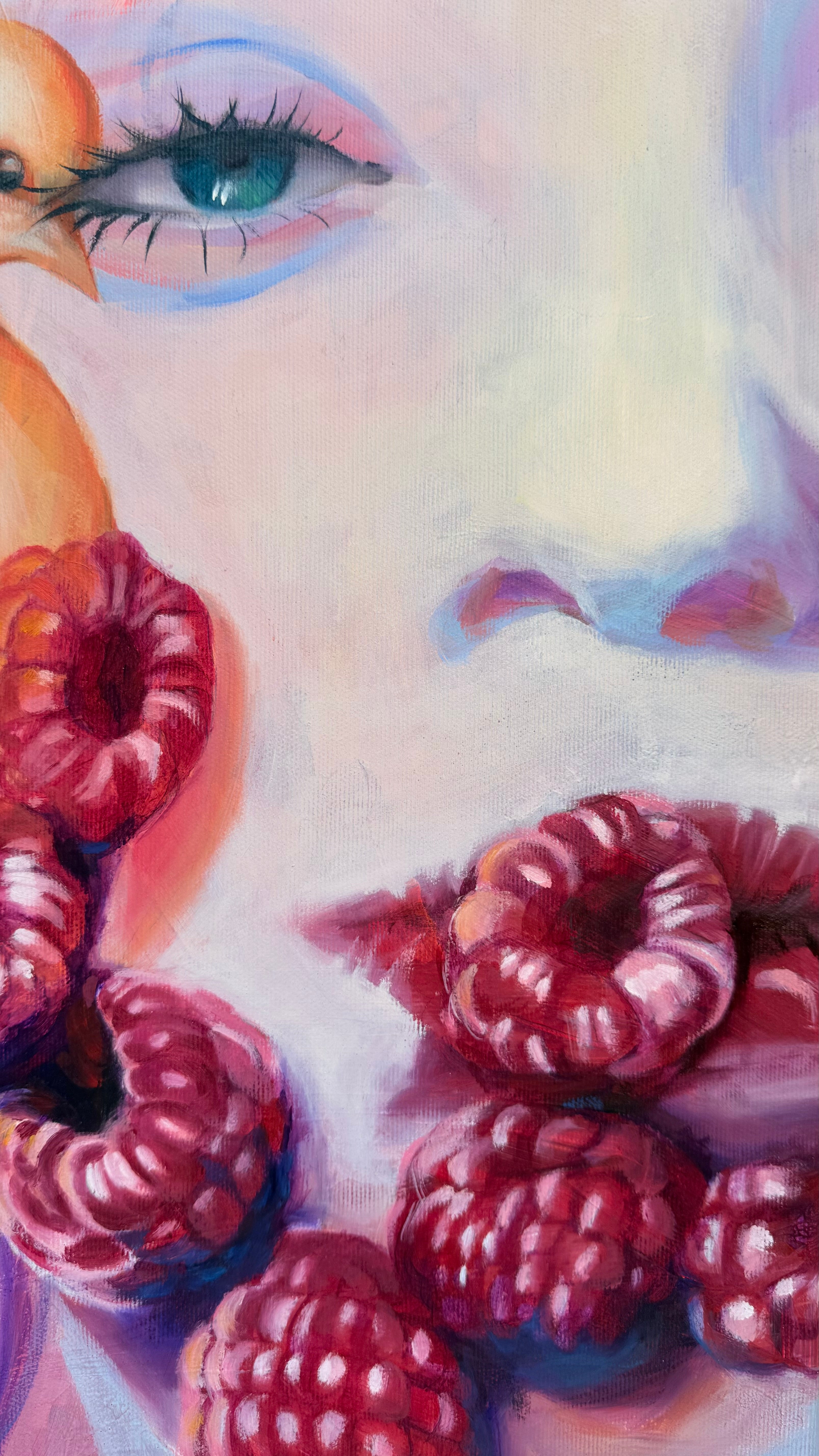 Artistic depiction of raspberries with a stylized face and eye in the background.