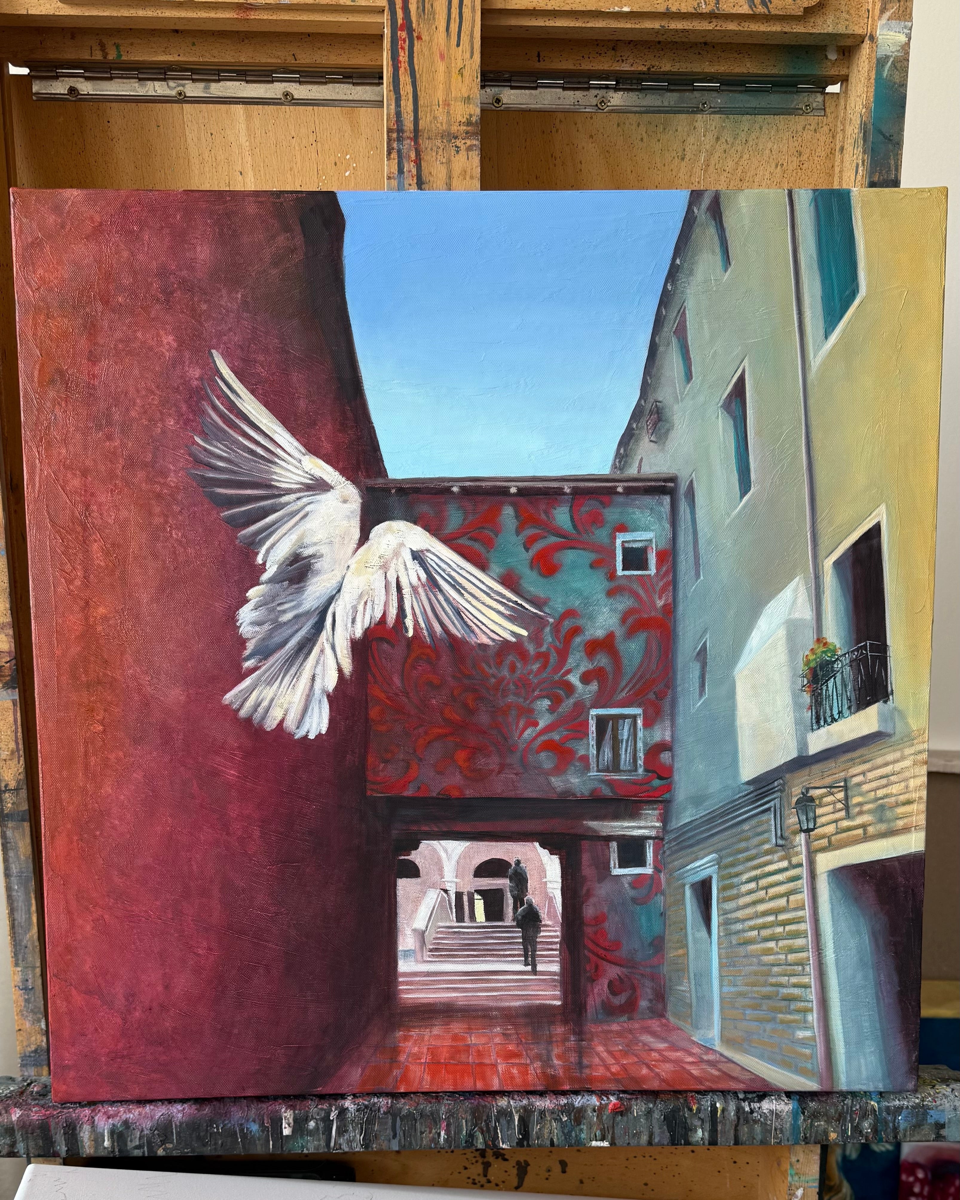 Original venice inspired oilpainting in artist studio easel