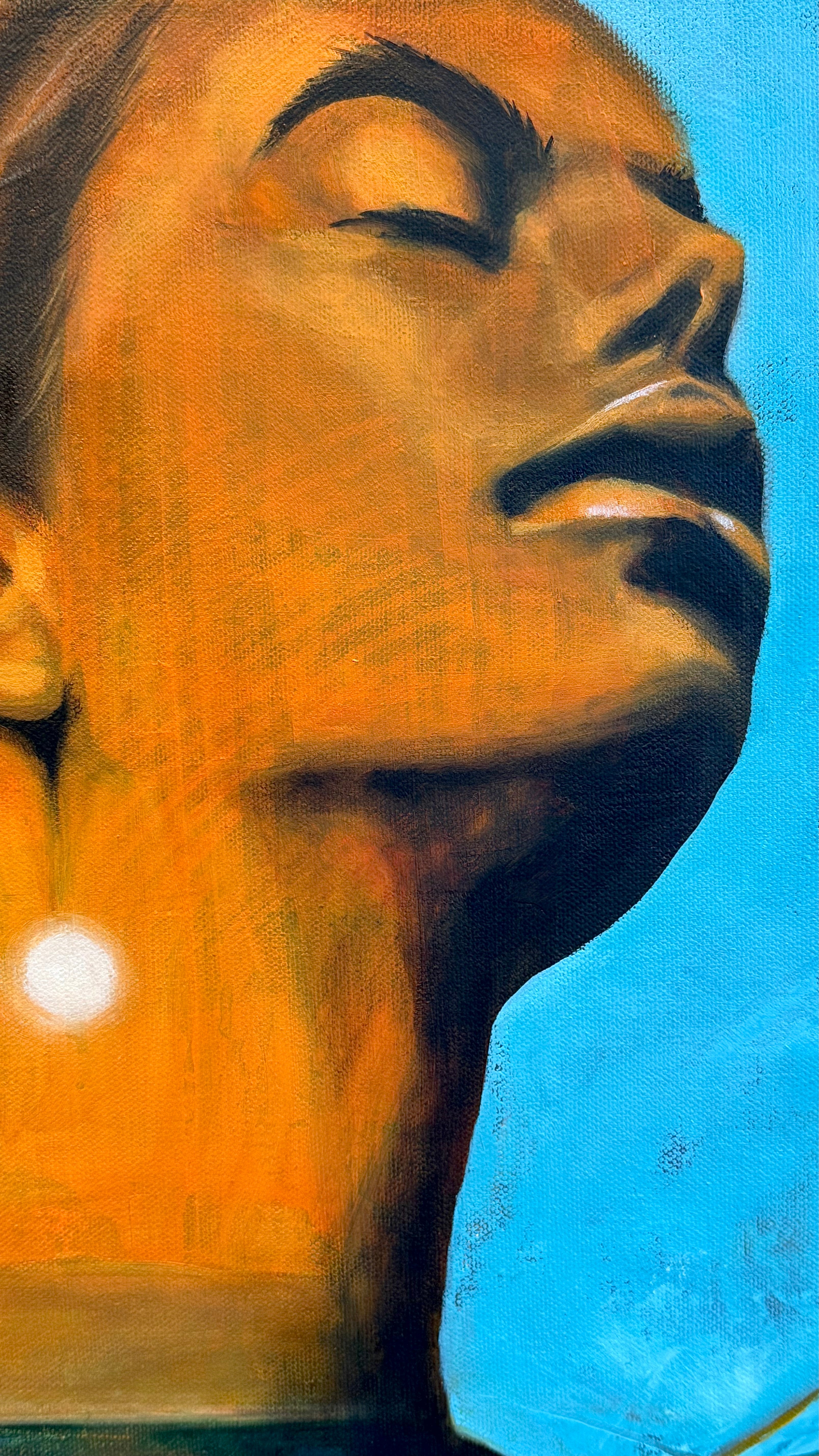Artistic depiction of a face with a blue background Memory of Summer — original oil painting inspired by summer light and quiet memories by Zuzana Kochankova - datail