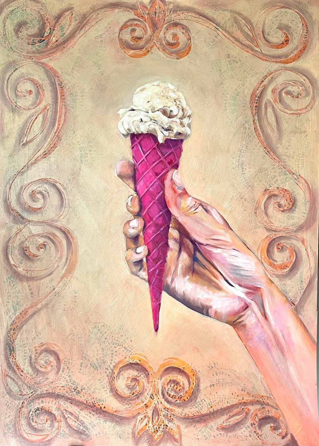 Contemporary figurative painting of a hand holding an ice cream with ornamental background in warm neutral tones