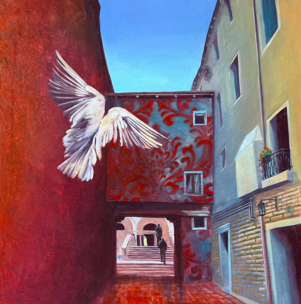 Venice alley oil painting showing narrow architectural passage with light and shadow creating a quiet