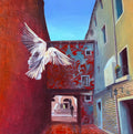 Venice alley oil painting showing narrow architectural passage with light and shadow creating a quiet
