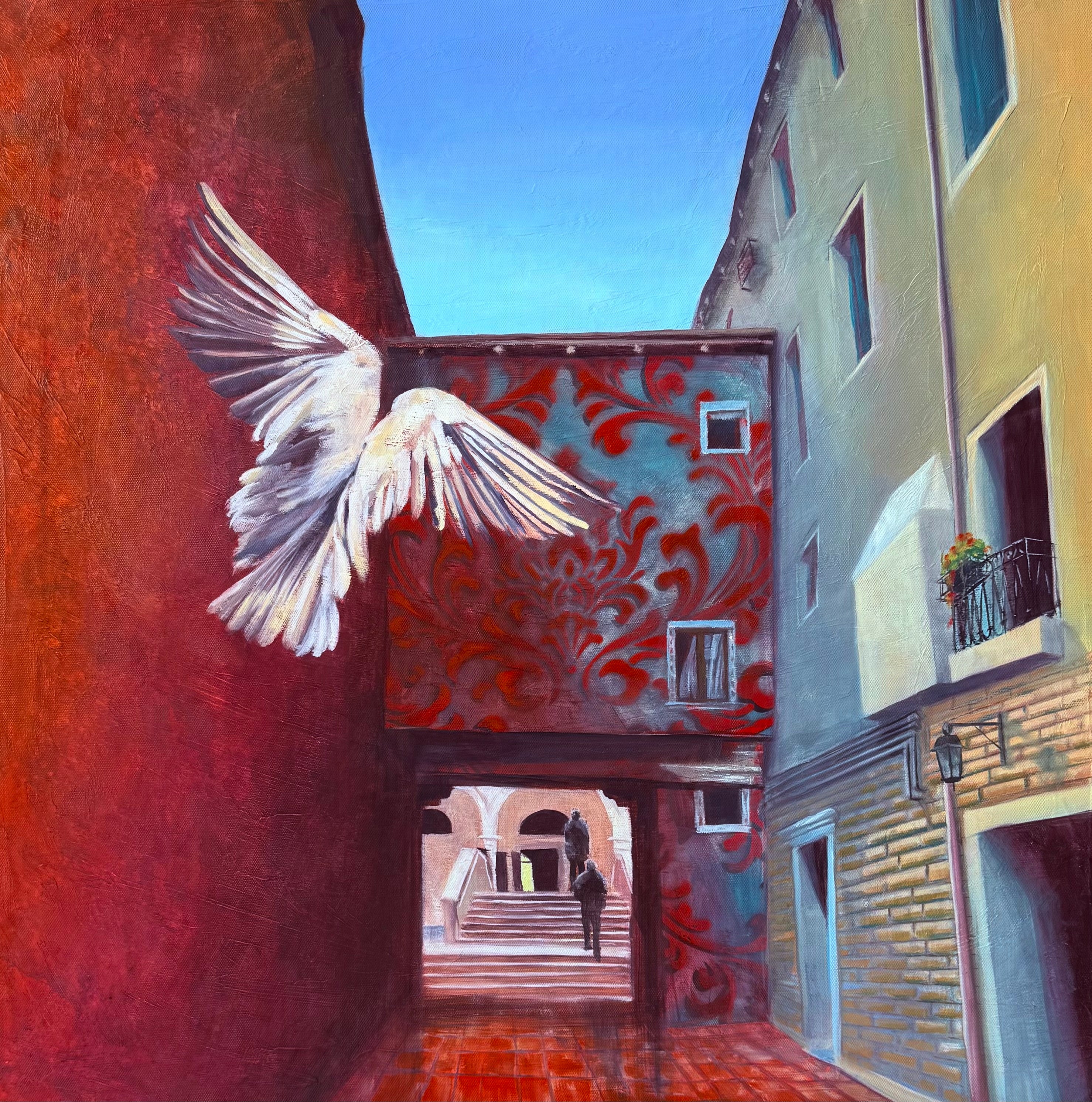Venice alley oil painting showing narrow architectural passage with light and shadow creating a quiet