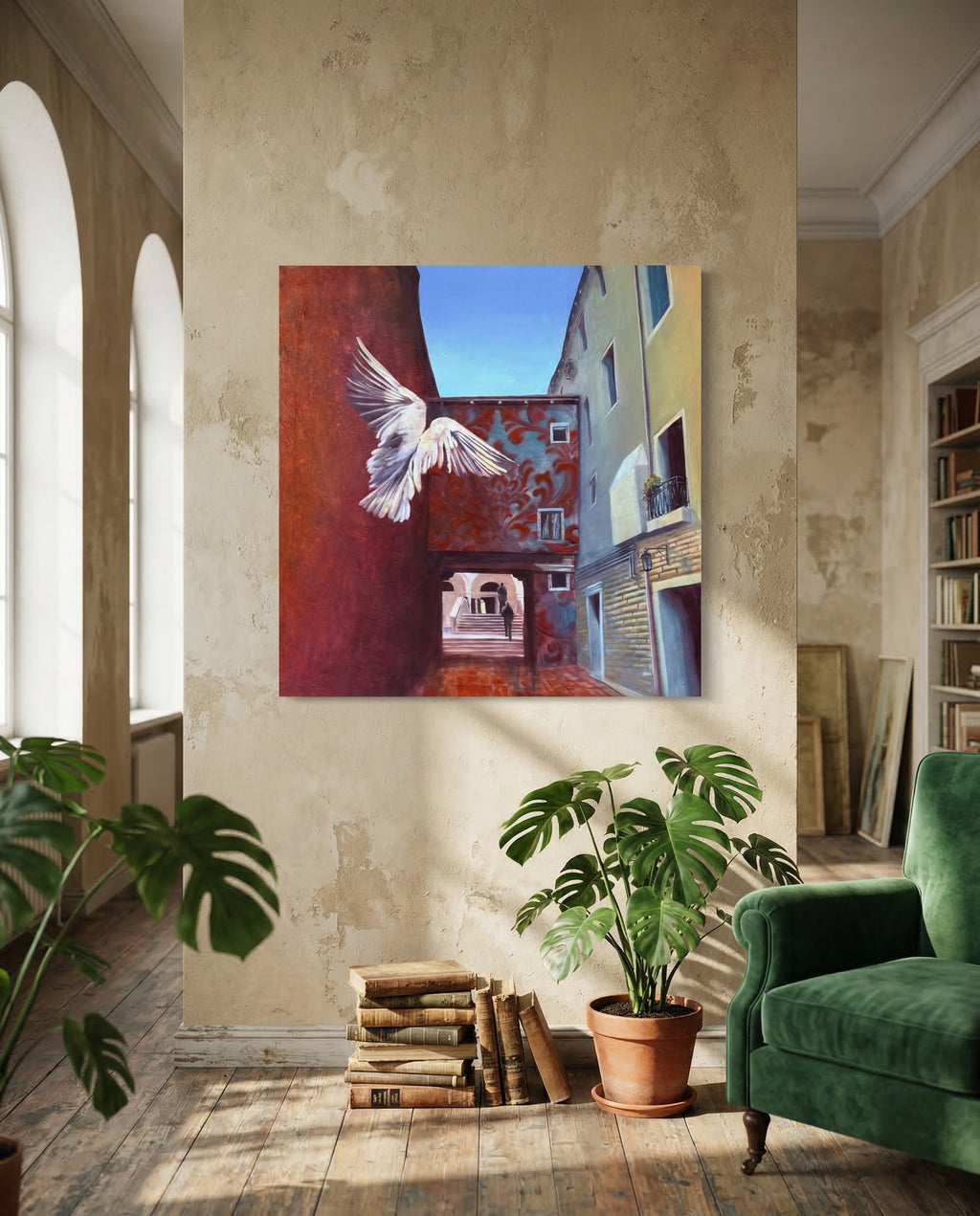 Original Venice oil painting “In the Alley” displayed in a refined beige historical open space interior with arches, monstera plants, and a green armchair, creating a calm architectural atmosphere with soft light and timeless character