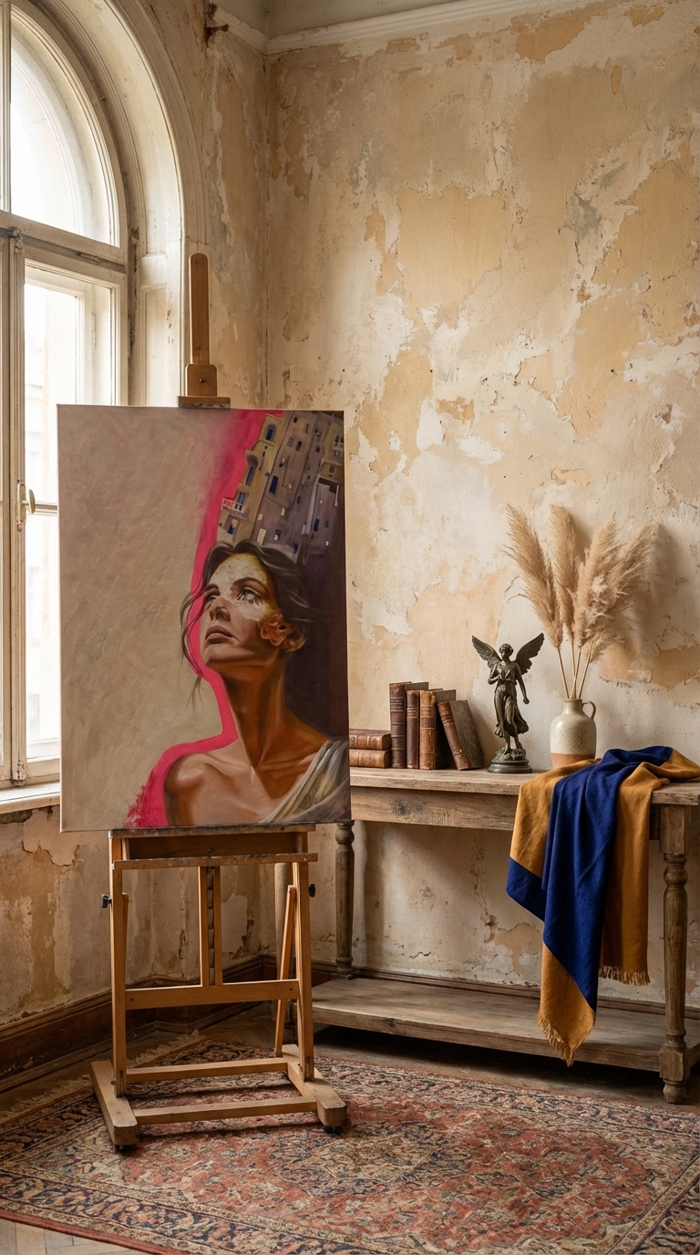 Art studio with a original oil painting "insight" on an easel against a textured wall.