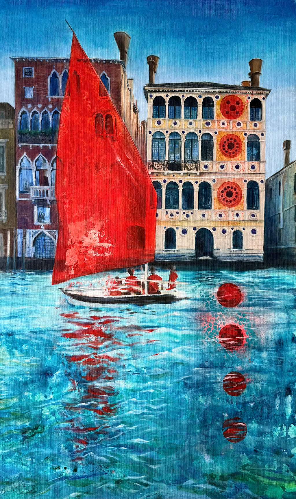 Original painting Legend of Dario’s Palace by Zuzana Kochanková showing Palazzo Dario in Venice with a red sailboat reflected in the lagoon water