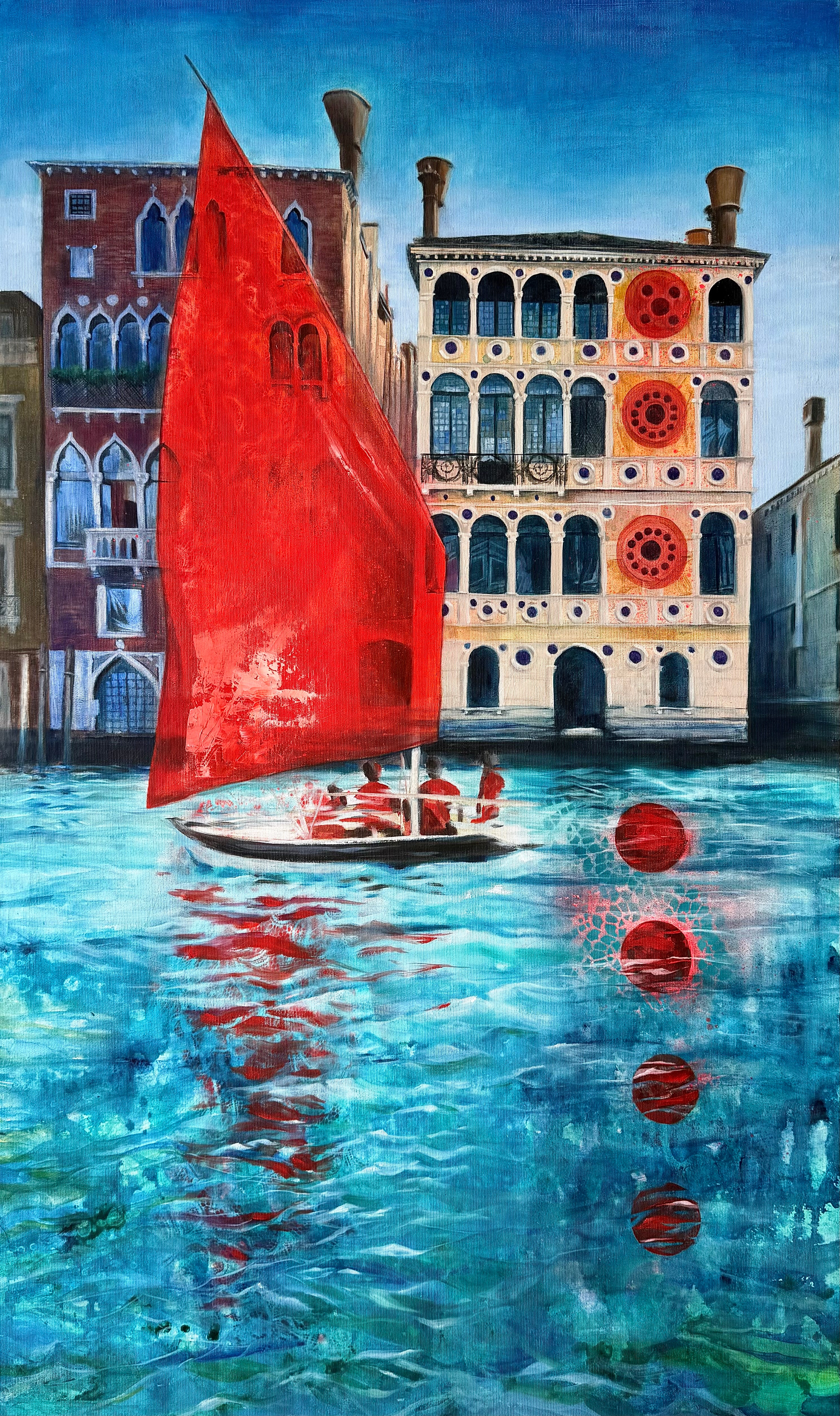 Original painting Legend of Dario’s Palace by Zuzana Kochanková showing Palazzo Dario in Venice with a red sailboat reflected in the lagoon water