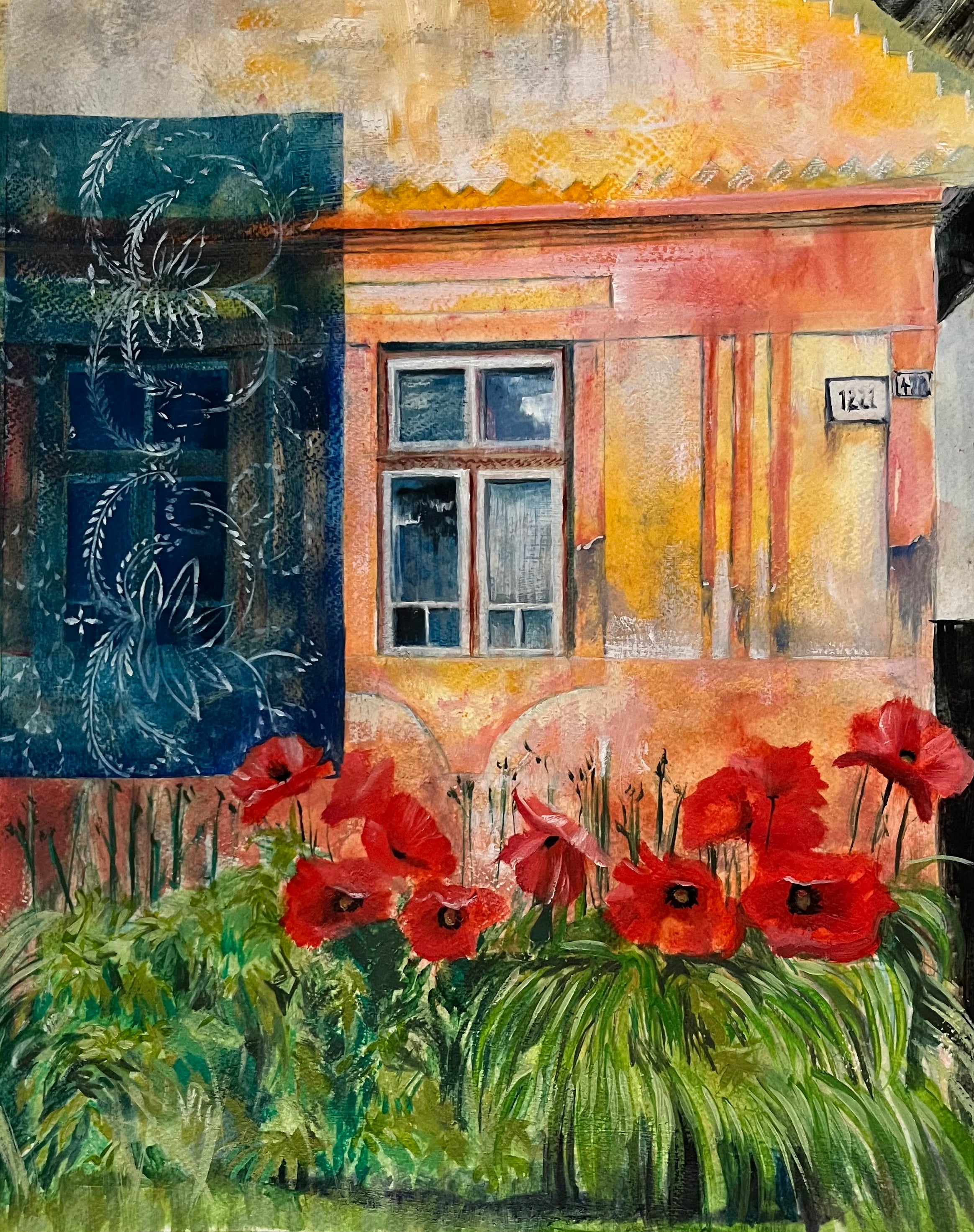 Original painting Liptovské Sliače 1221 by Zuzana Kochanková inspired by Slovak folk architecture, traditional costume patterns and blooming poppies