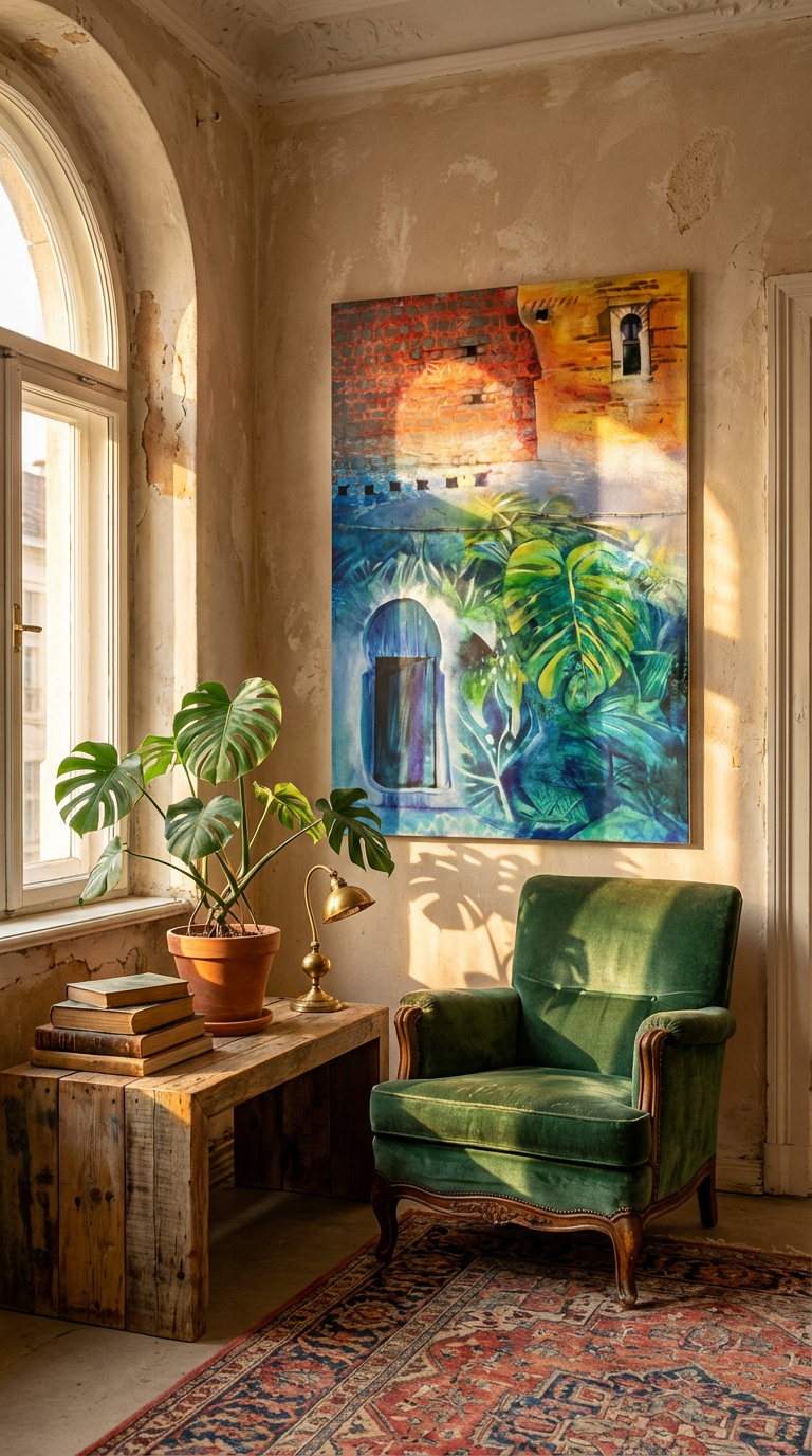 Cozy room with a green armchair, wooden table, and colorful abstract painting on the wall- Moroccan Vibes — original oil painting inspired by Moroccan architecture and garden courtyards by Zuzana Kochankova