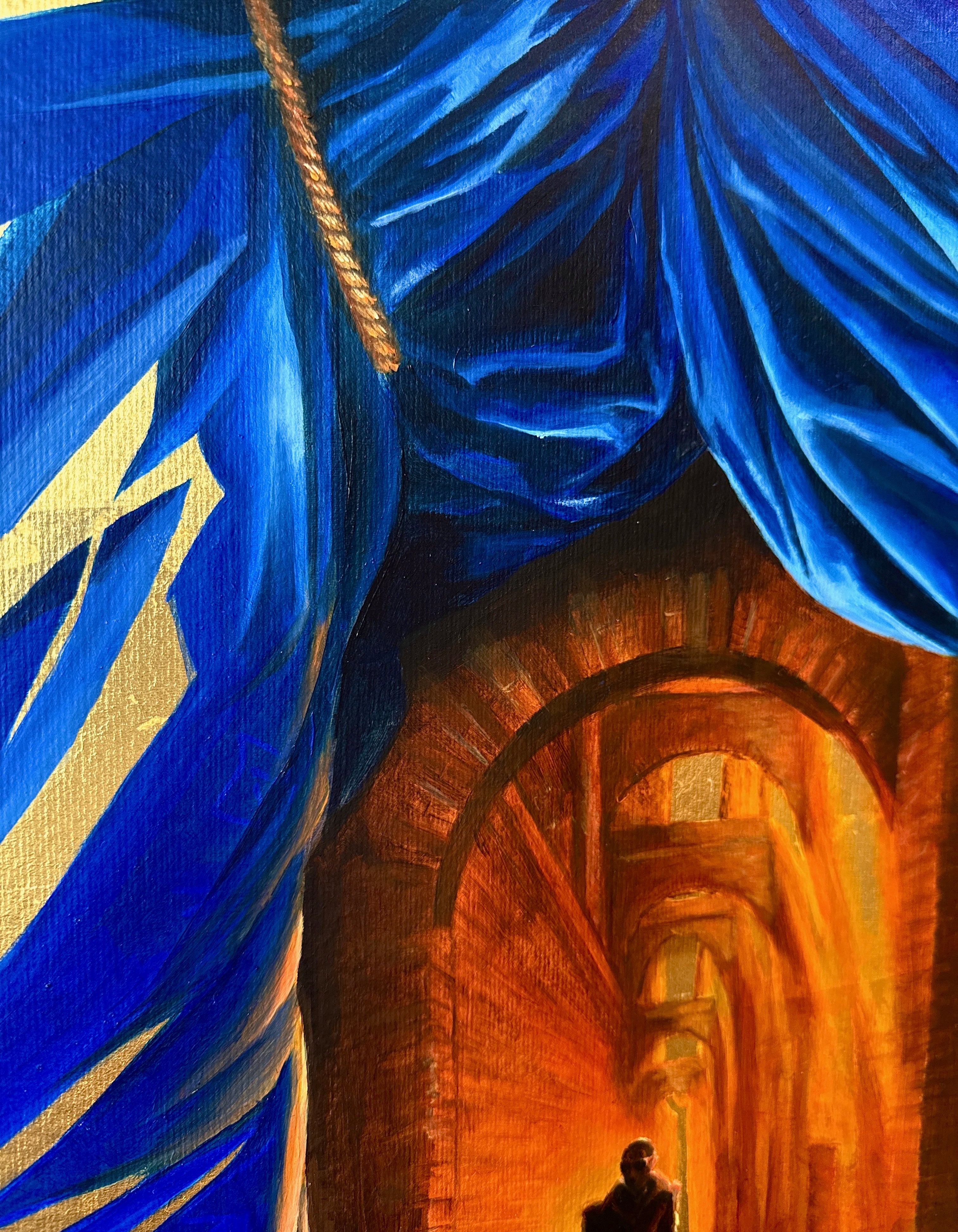 Detail of On the Way showing deep blue painted curtain, layered brushwork, and gold leaf surface creating a sense of threshold and movement.