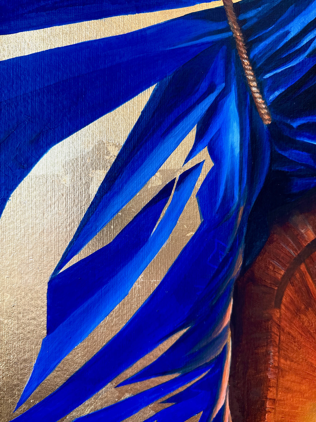 Detail of On the Way showing deep blue painted curtain, layered brushwork, and gold leaf surface creating a sense of threshold and movement with abstract shapes.
