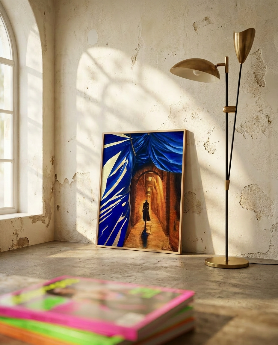 On the Way mixed media painting displayed in a sunlit interior with textured walls, arched window, and warm architectural atmosphere.
