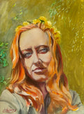 Persephone oil painting portrait of a woman with floral crown on green background, original figurative artwork on canvas