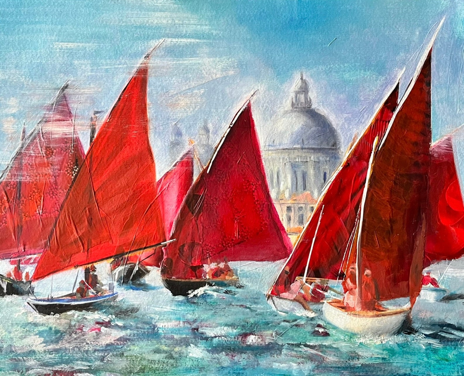 Original painting Red Regatta by Zuzana Kochanková inspired by the Venice lagoon with traditional sailboats and red sails
