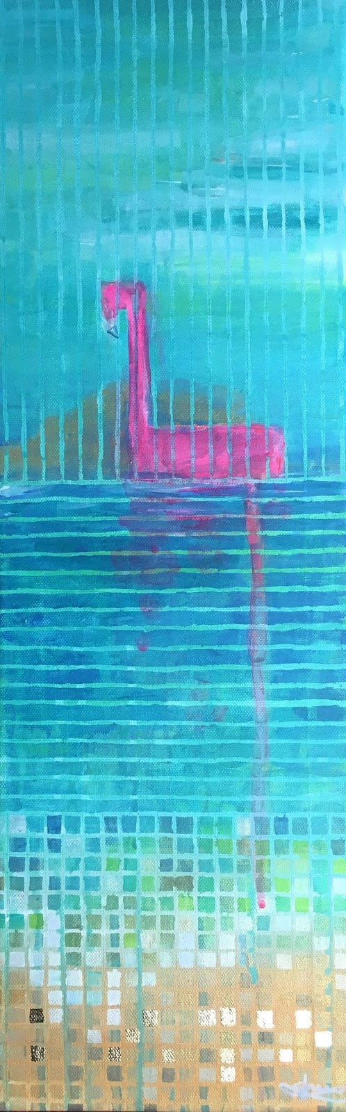 Abstract turquoise painting with a pink pelican, vertical lines and gold leaf, evoking reflections on water and layered visual rhythm