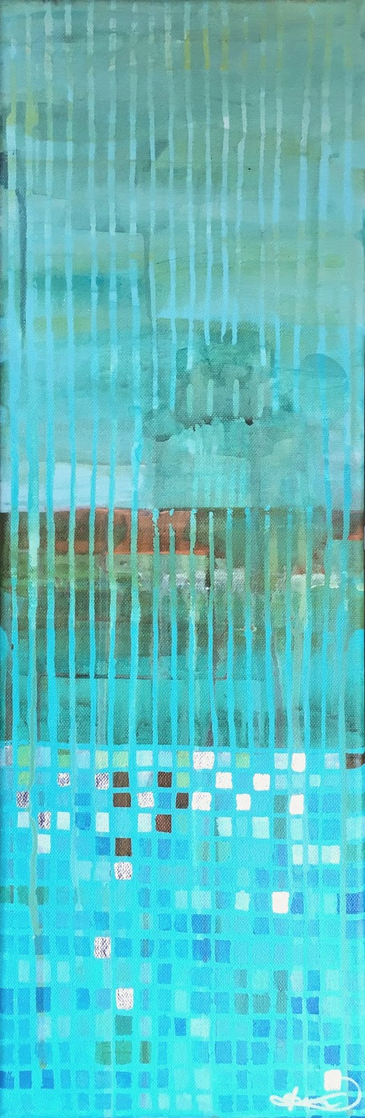 Turquoise abstract painting with vertical lines, layered textures and gold leaf, inspired by water reflections and rhythmic structure