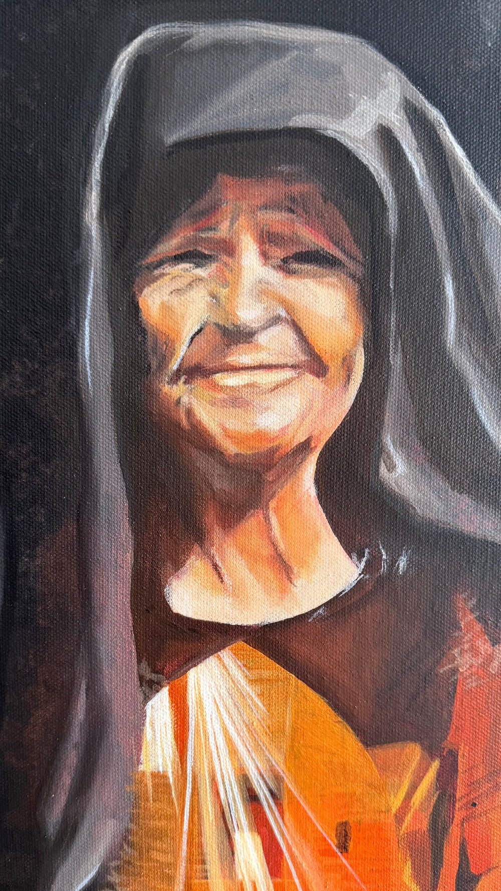 Close-up of the elderly woman’s face in The Light We Carry, a figurative oil painting about inner beauty, memory and the light we carry within.
