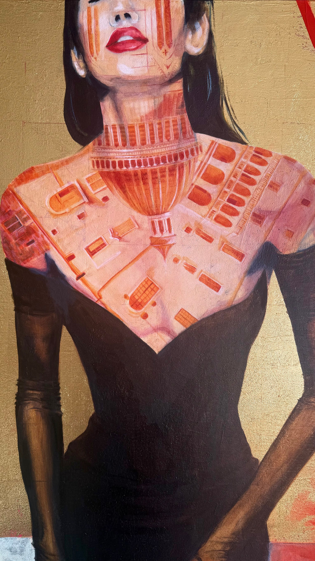 Close-up of torso with architectural elements and geometric structures painted on skin, symbolizing memory and identity