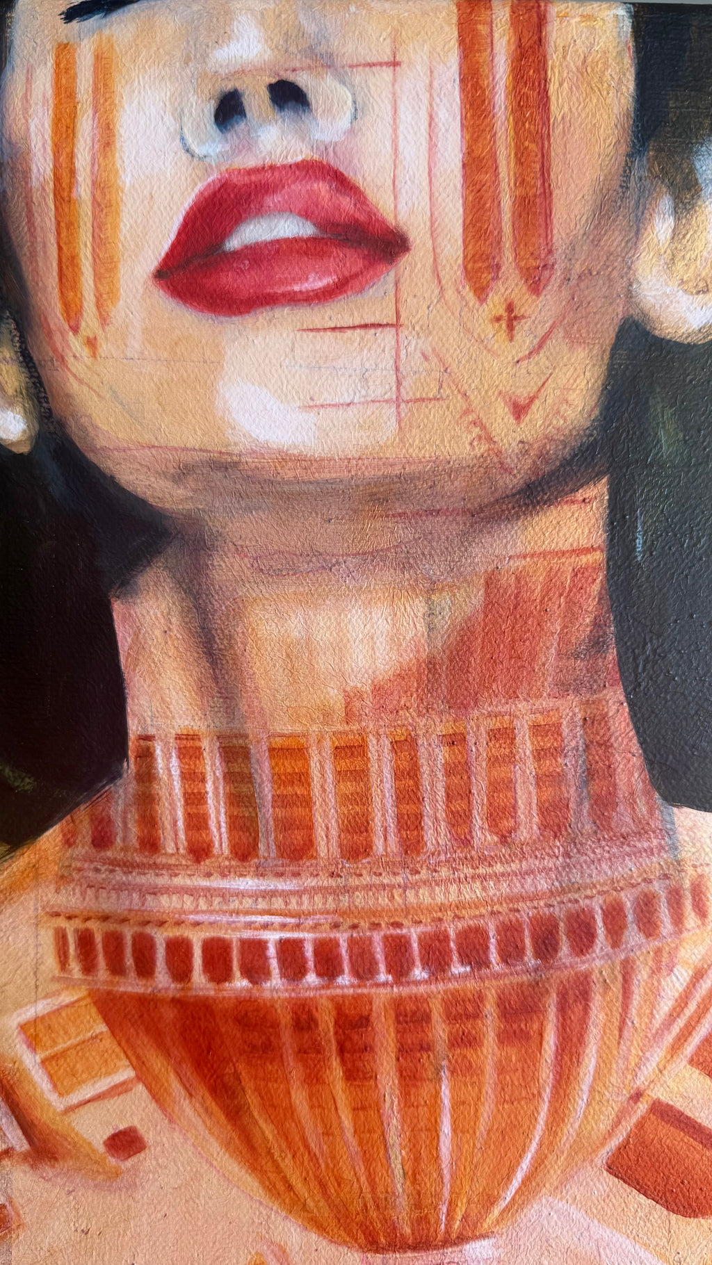 Detail of a female face with red architectural lines and ornament resembling imprint on skin in a figurative oil painting