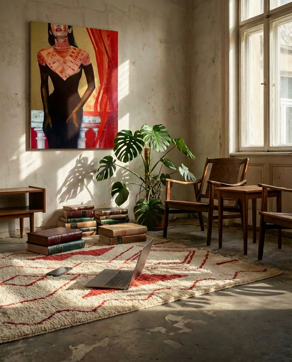 Large figurative painting with gold leaf displayed in an interior with chairs and a Moroccan rug, creating a warm and expressive atmosphere