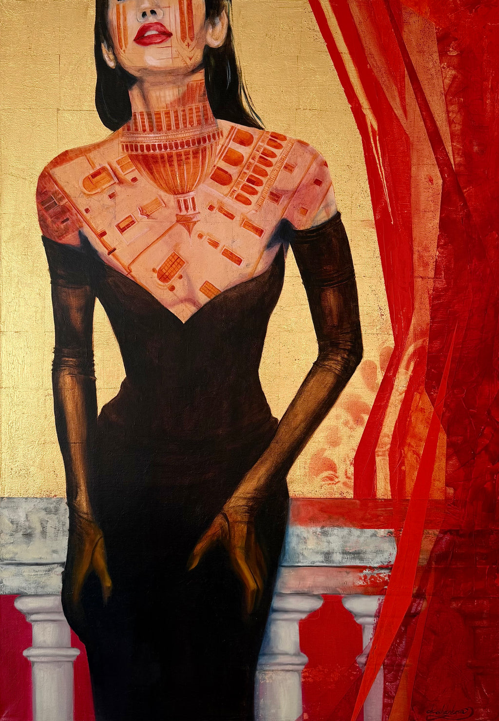 Figurative oil painting of a woman in a black dress with architectural motifs on her skin, gold background and expressive red vertical forms