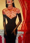 Figurative oil painting of a woman in a black dress with architectural motifs on her skin, gold background and expressive red vertical forms