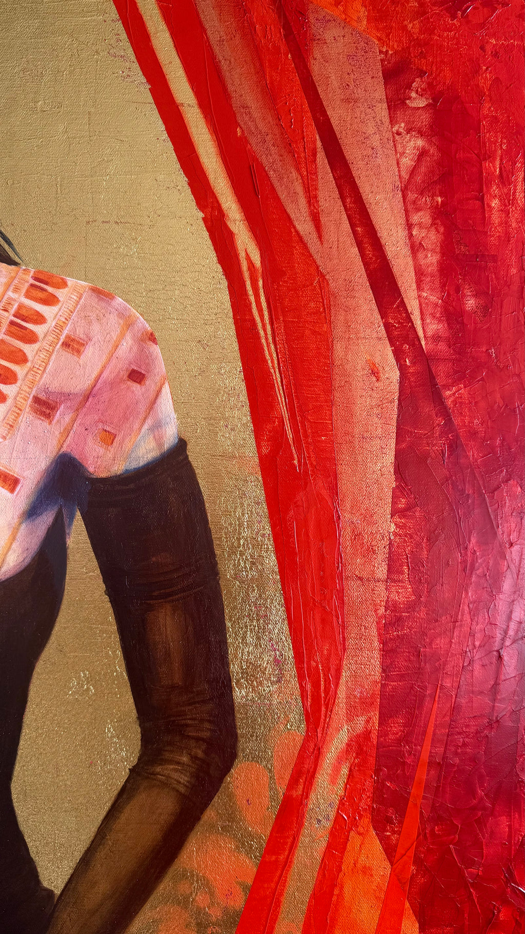 Detail of gold leaf surface and layered oil paint texture with expressive red strokes in a contemporary figurative painting
