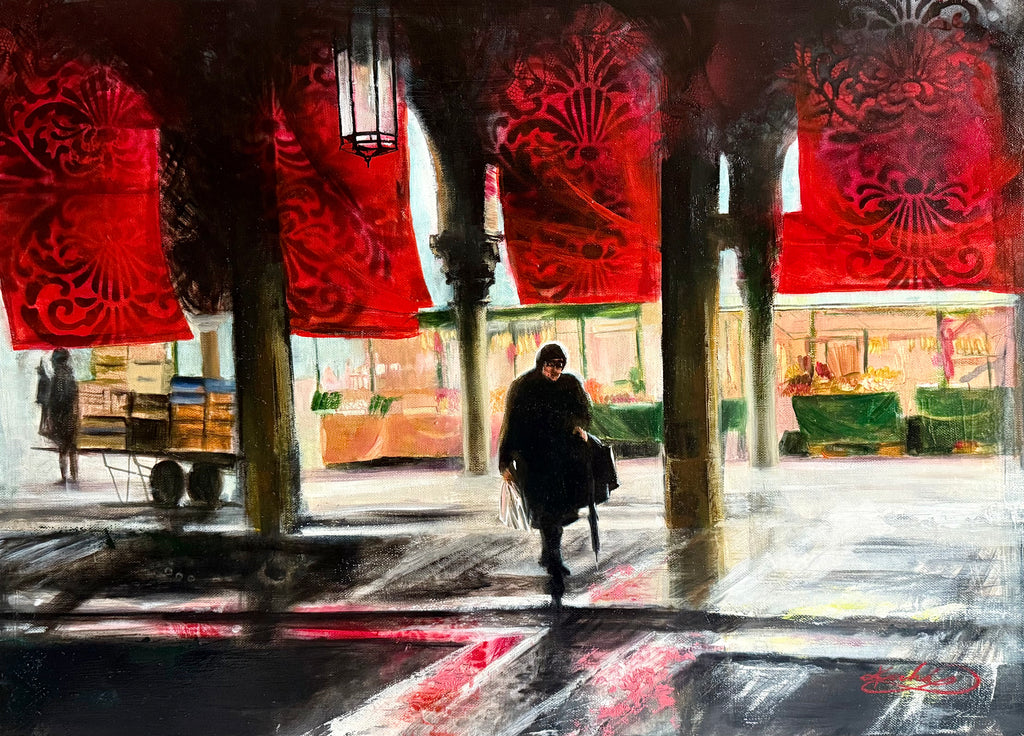 Under the Veil of Venetian Fish Market — original oil painting of the Venetian fish market with red curtains by Zuzana Kochankova