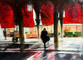 Under the Veil of Venetian Fish Market — original oil painting of the Venetian fish market with red curtains by Zuzana Kochankova