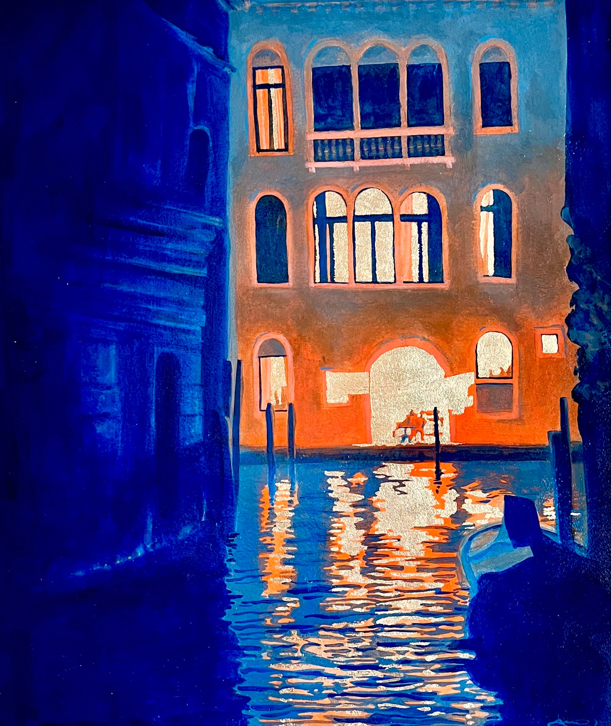Original Venice night painting showing illuminated building reflected in canal water with deep blue shadows and warm glowing light