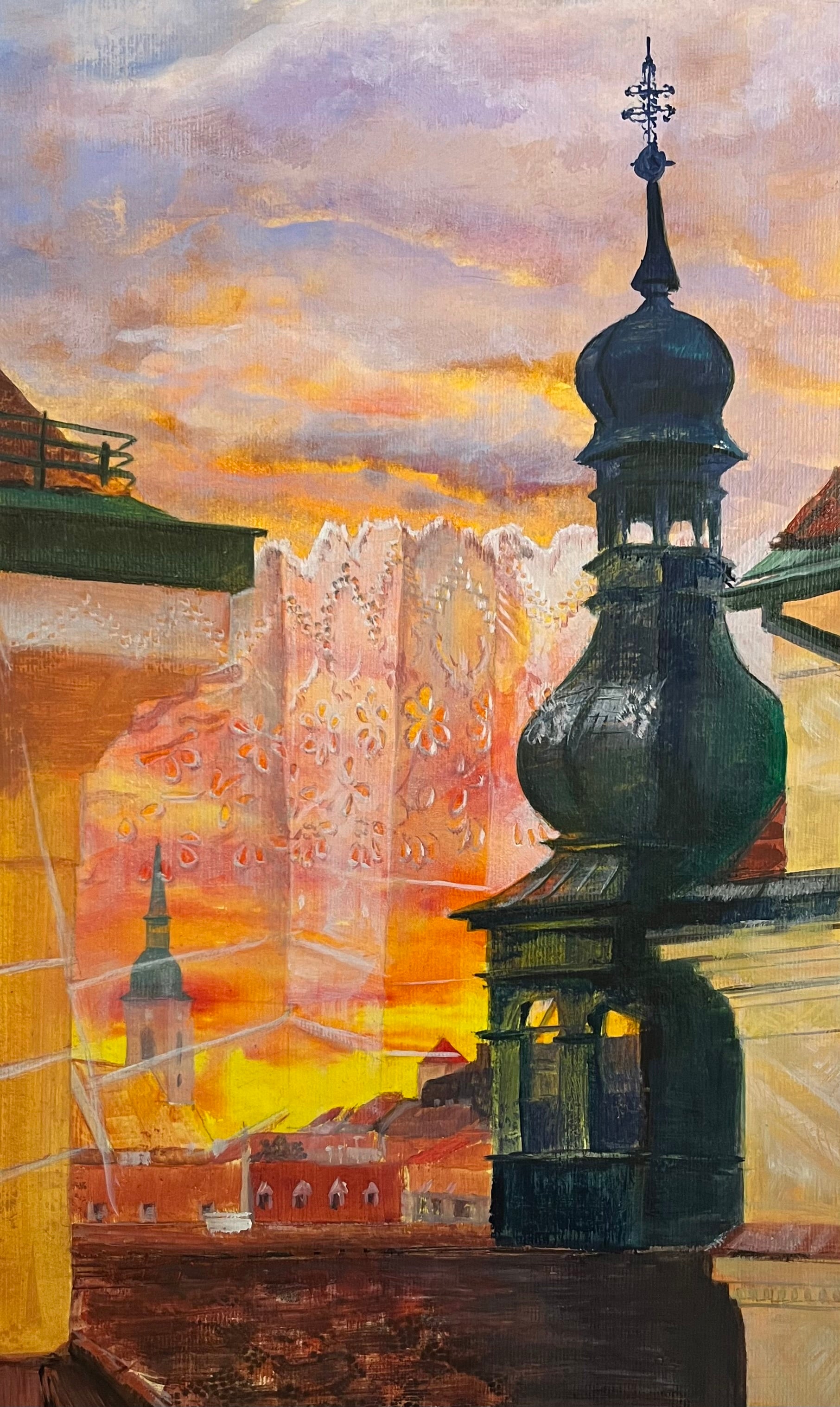 Original painting View from the Slovak Ministry of Culture at Sunset over Cultural Heritage by Zuzana Kochanková showing a sunset view over Bratislava and its historic architecture