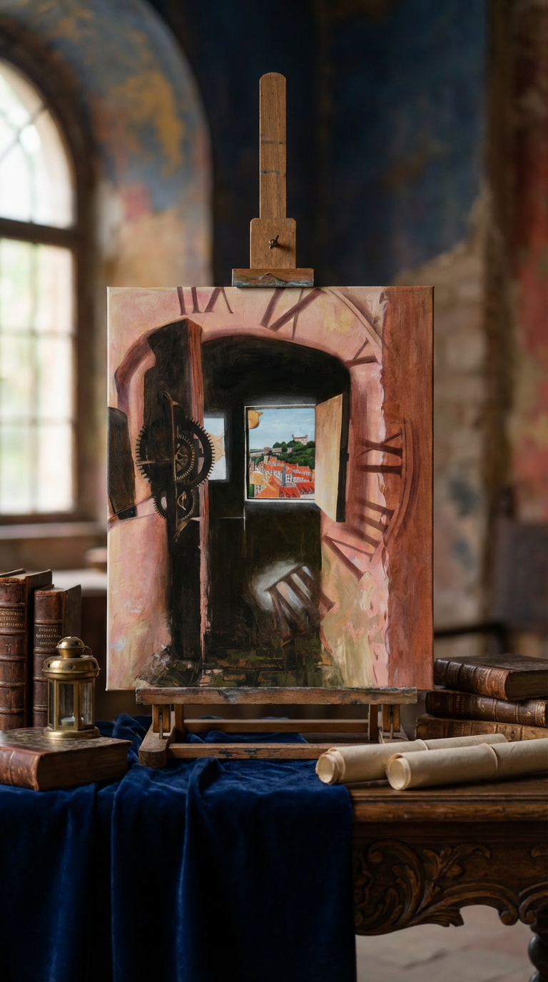 Artistic depiction of a clock with a small window showing a garden view, on an easel against a colorful wall. Through the Window of Time — original oil painting of the view from St. Martin’s Cathedral tower in Bratislava by Zuzana Kochankova