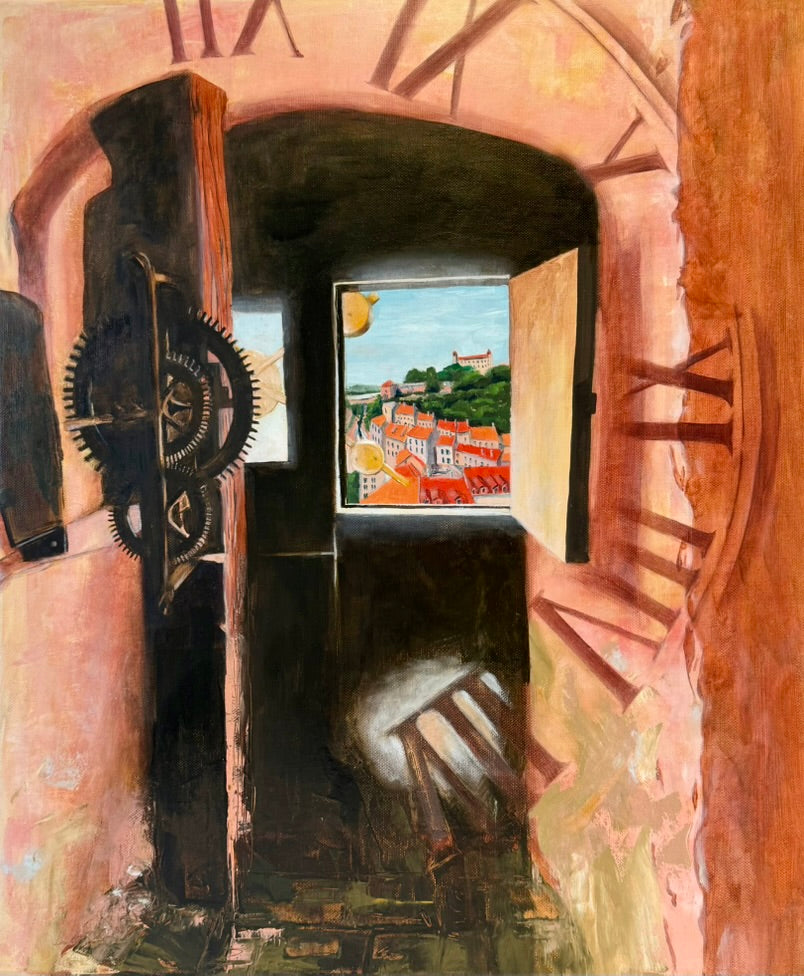 Through the Window of Time — original oil painting of the view from St. Martin’s Cathedral tower in Bratislava by Zuzana Kochankova