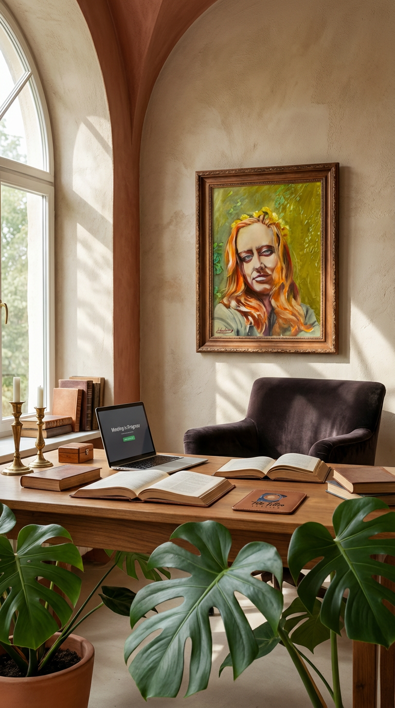 Persephone original oil painting displayed in interior, warm light and textured wall setting