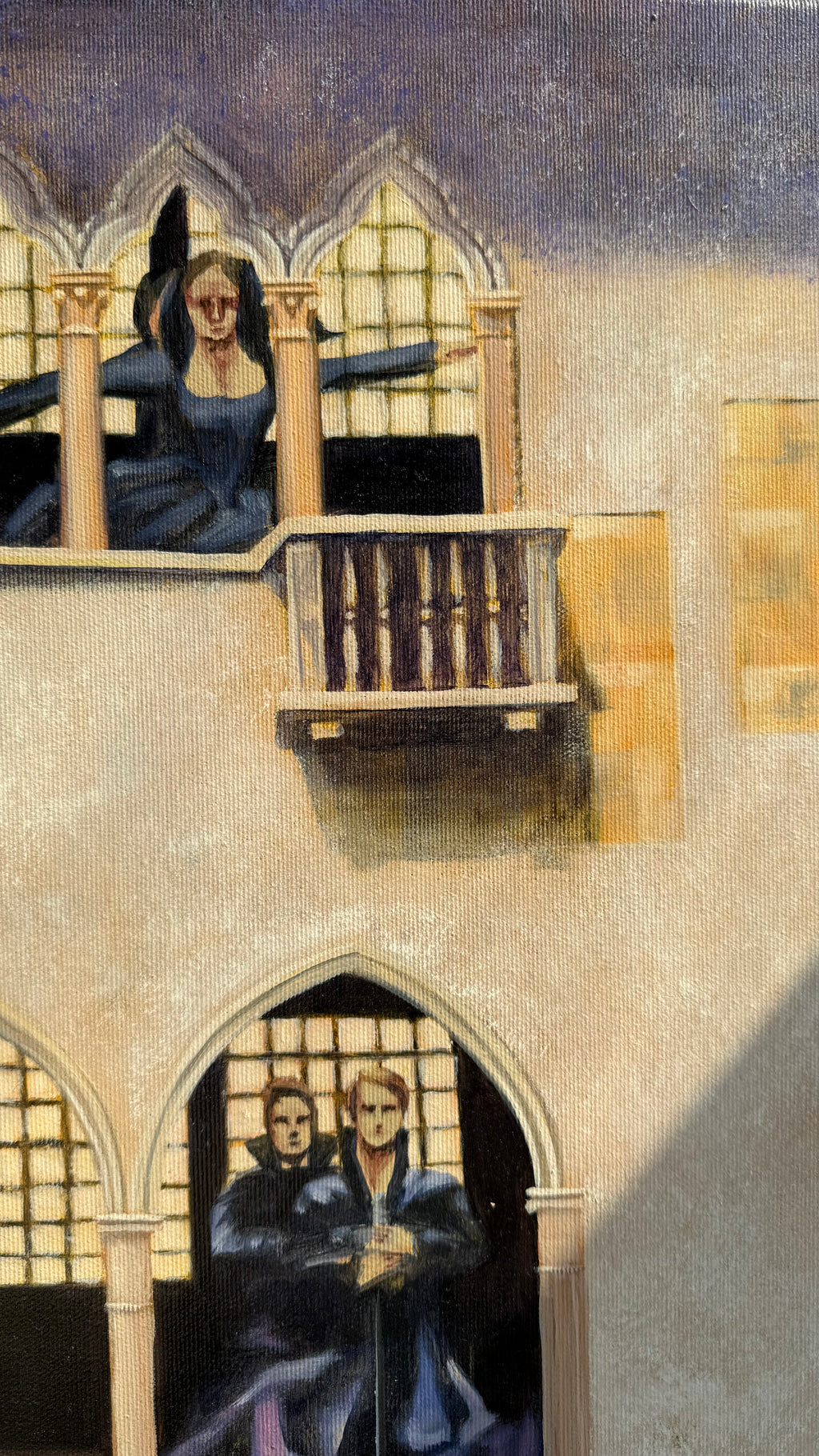 Detail of Dance of the Knights oil painting showing expressive brushwork and architectural forms inspired by Verona