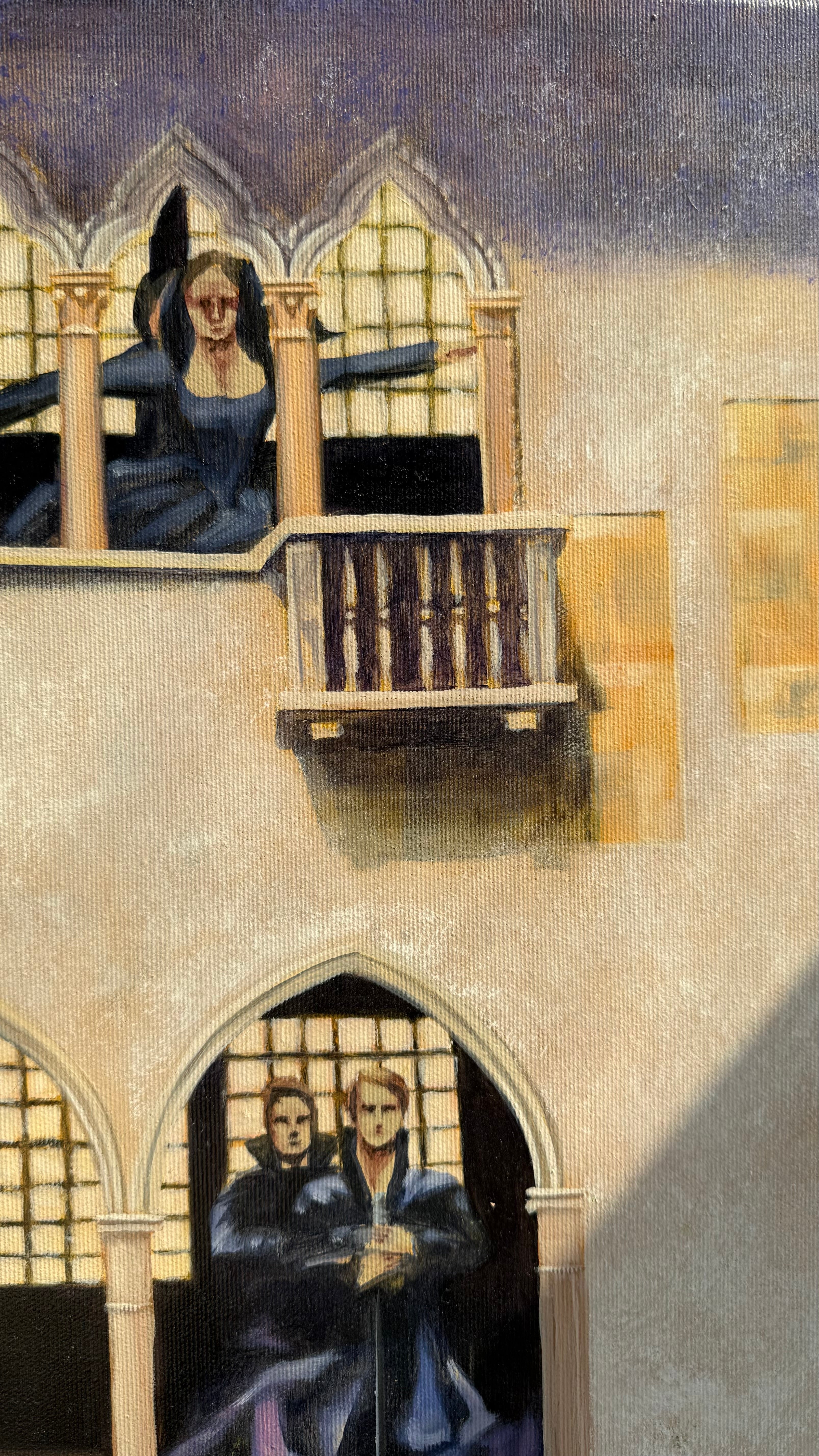 Detail of Dance of the Knights oil painting showing expressive brushwork and architectural forms inspired by Verona