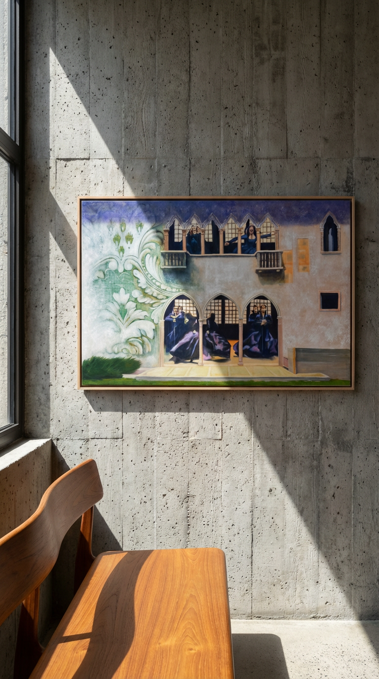 Dance of the Knights original oil painting displayed in a minimalist interior setting