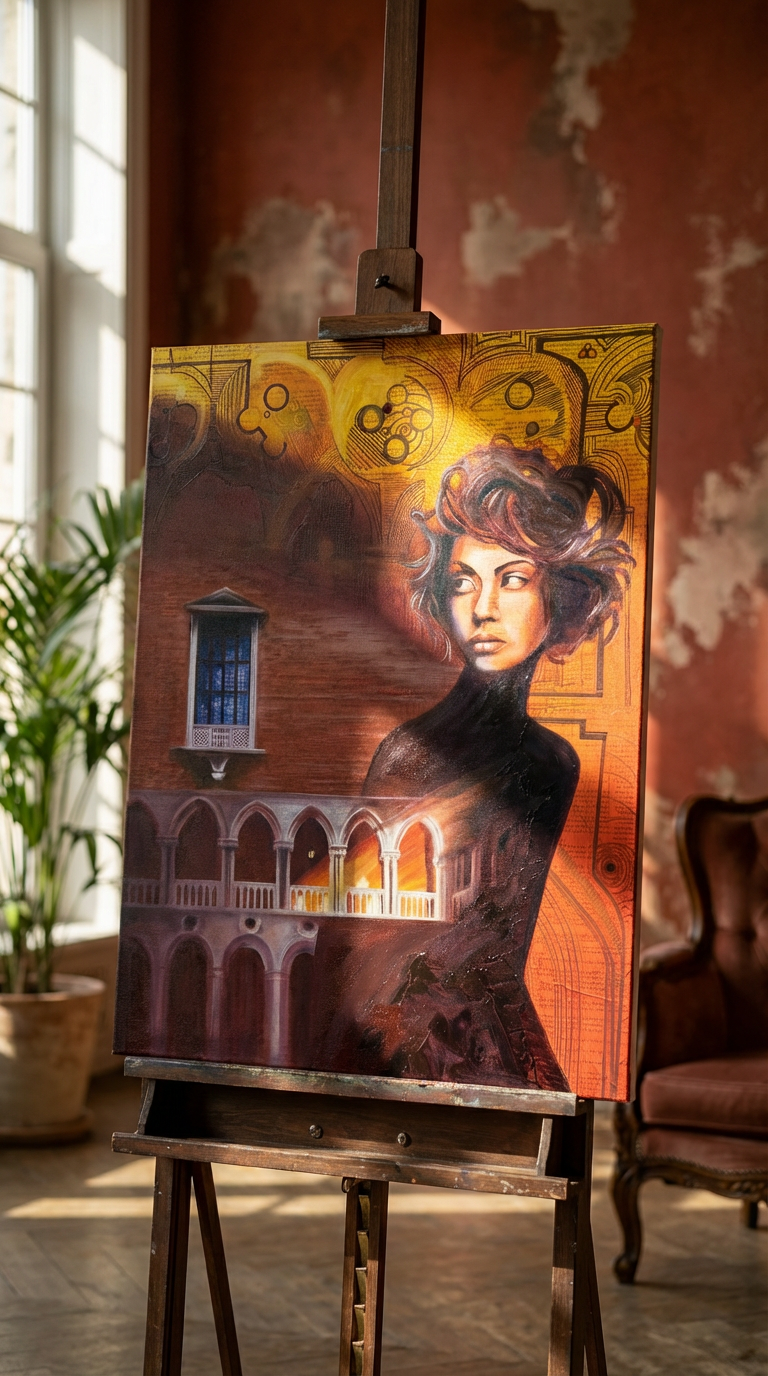Artistic painting on an easel with a woman's portrait and architectural elements  - Held by Nothing — contemporary oil painting portrait from the Ladies of Places series by Zuzana Kochankova