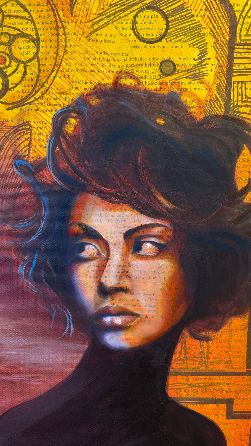Artistic depiction of a woman's face with intricate background details