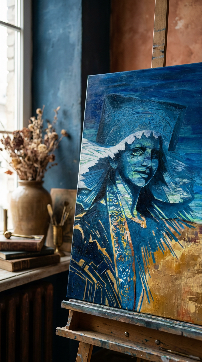 Artistic depiction of a woman in a bonet on an easel in a room with books and decor - Like Water — original oil painting exploring tradition and feminine identity by Zuzana Kochankova