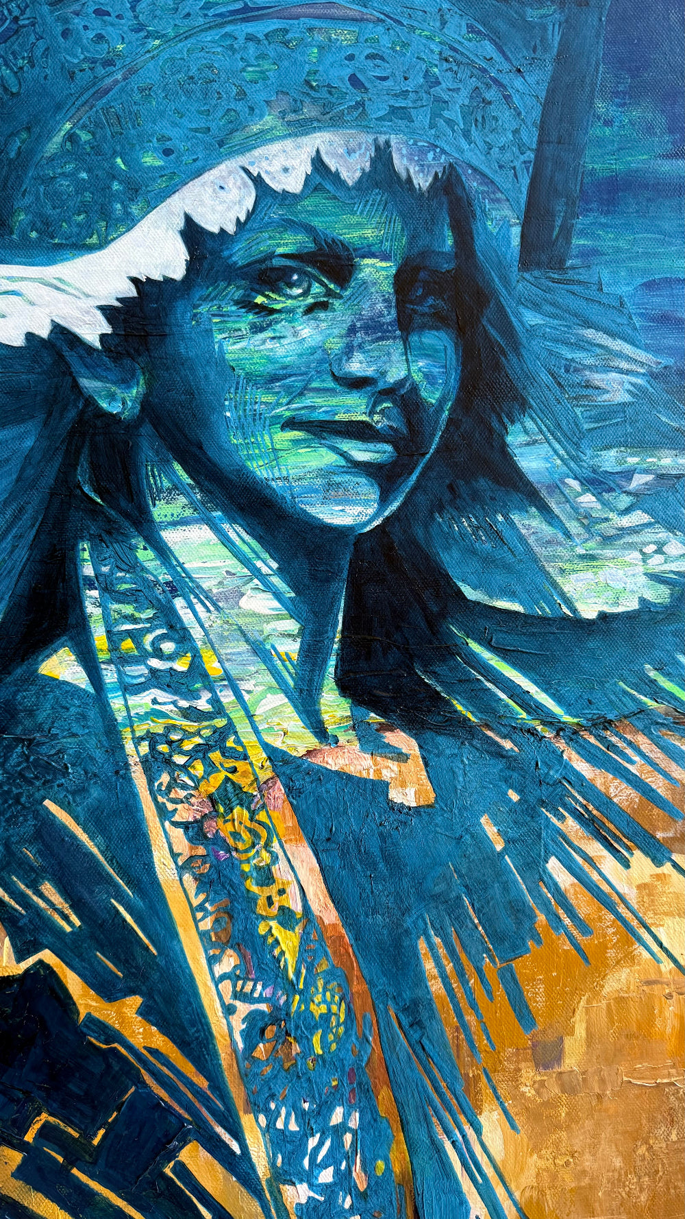 Artistic depiction of a person wearing a blue headdress with intricate patterns.